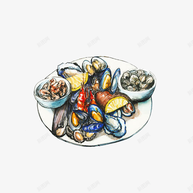 手绘一盘烤熟的海鲜png免抠素材_88icon https://88icon.com 卡通手绘 双壳贝类 柠檬片 海鲜盛宴 烤熟的海鲜 生蚝 虾 蚌 蛤蚌 蛤蜊