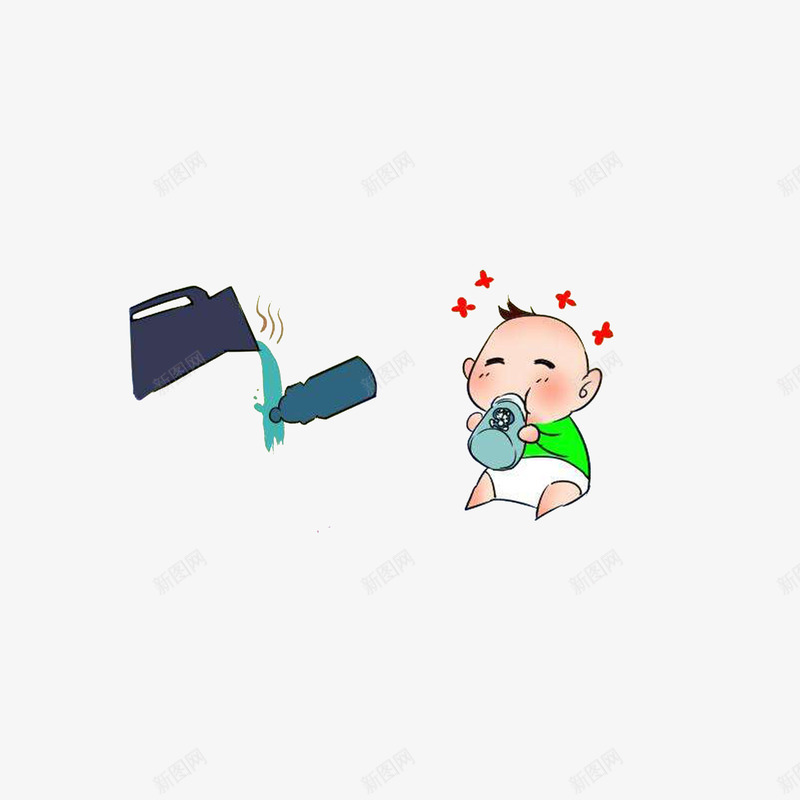 宝宝喝奶前奶瓶要用开水汤下png免抠素材_88icon https://88icon.com 卡通手绘 喝奶的宝宝