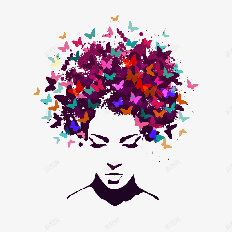 创意女生头像矢量图ai免抠素材_88icon https://88icon.com 创意图案 女子头像 时尚蝴蝶花纹 矢量图