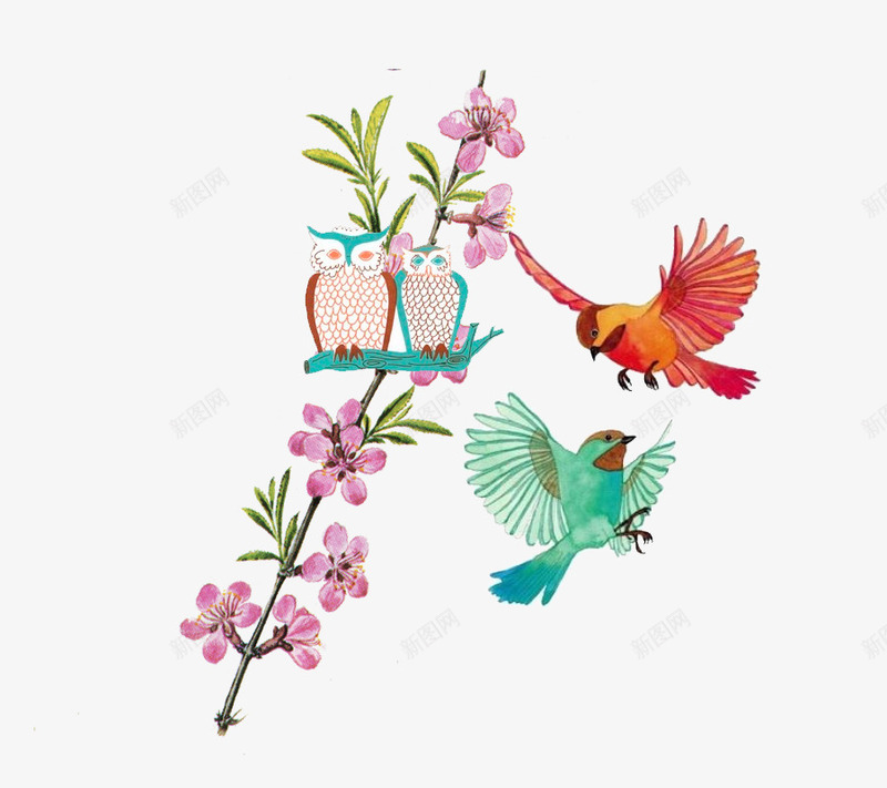 桃花枝猫头鹰png免抠素材_88icon https://88icon.com 小鸟 桃花枝 猫头鹰