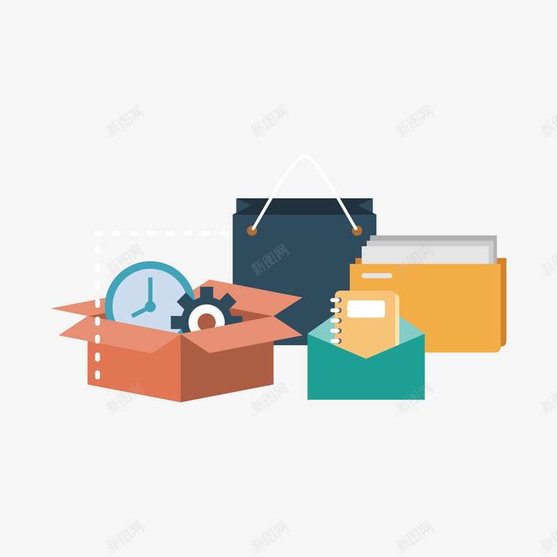 扁平化矢量图ai免抠素材_88icon https://88icon.com png png素材 免费png 免费png素材 扁平化 手提袋 盒子 矢量素材 闹钟 齿轮 矢量图