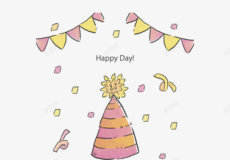 手绘风生日帽海报矢量图ai免抠素材_88icon https://88icon.com 彩色飘带 生日帽 生日快乐 生日派对 矢量png 过生日 矢量图
