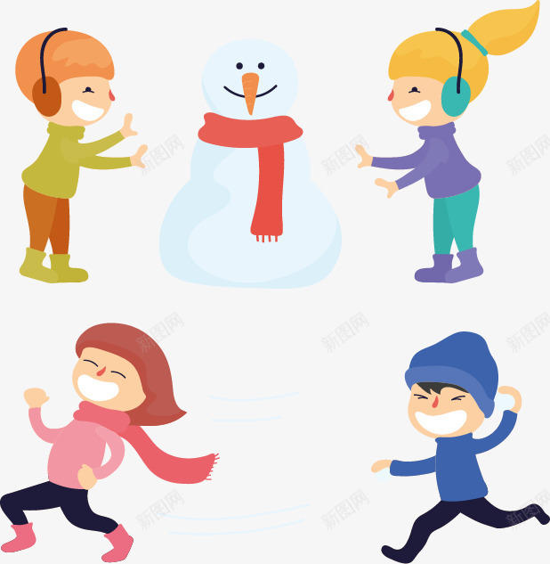 雪地打闹的孩子png免抠素材_88icon https://88icon.com 四个孩子 堆雪人 打雪仗