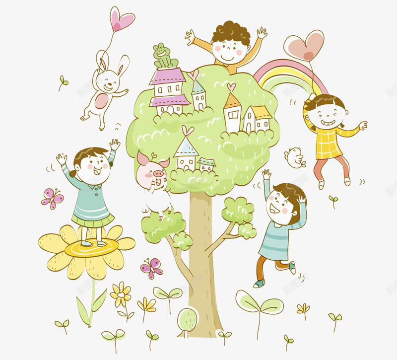 大树上的孩子乐园png免抠素材_88icon https://88icon.com 创意 卡通 城堡 大树 女孩 小白兔 彩虹 手绘 爱心 男孩 花朵