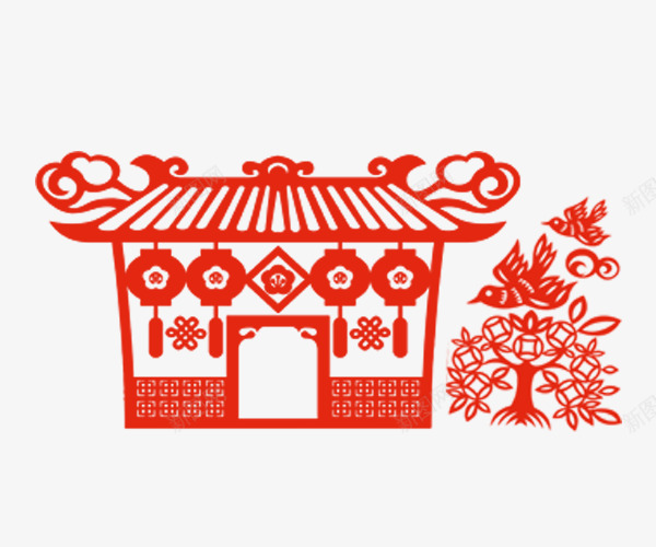 手绘中国风红色剪纸房子和树png免抠素材_88icon https://88icon.com 中国风 手绘中国风红色剪纸房子和树 手绘房子 红色