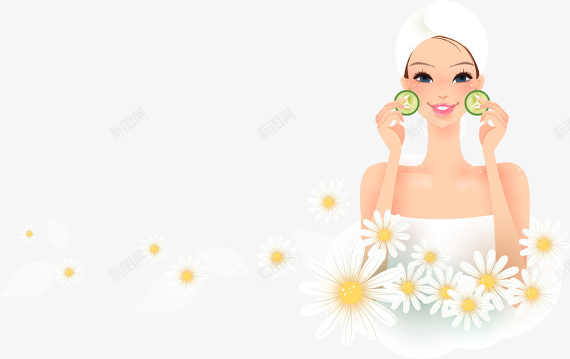 白色花朵敷黄瓜的女孩子矢量图ai免抠素材_88icon https://88icon.com 卡通矢量人物插画 敷黄瓜的女孩子 爱美女人 白色花朵 矢量图