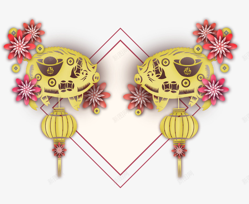 吉祥物金猪剪纸边框psd免抠素材_88icon https://88icon.com 剪纸 卡通 吉祥物 吉祥猪猪 插画 花朵 边框 金猪