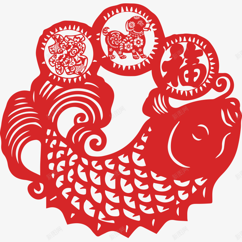 中国风红色狗年福字剪纸png免抠素材_88icon https://88icon.com 中国风剪纸 卡通红色剪纸 年年有余 新春剪纸 民间艺术 狗年剪纸 窗花
