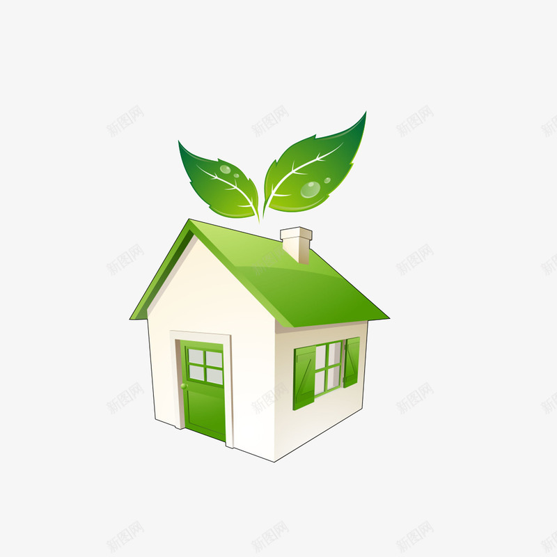 卡通绿色白色的房子psd免抠素材_88icon https://88icon.com 大绿叶 环保房子 空房子 绿色白色 绿色门窗