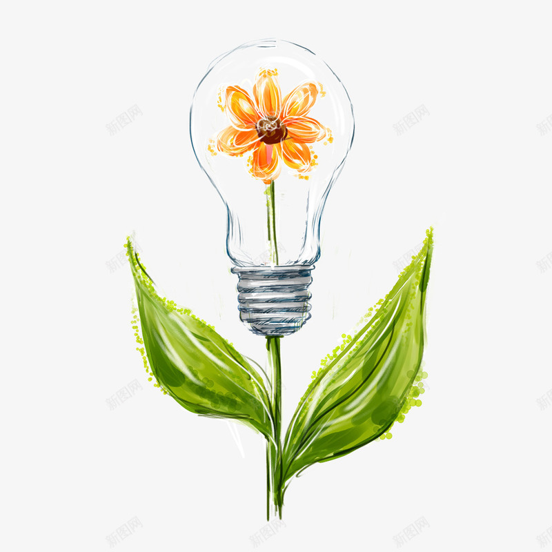 创意手绘灯泡插画png免抠素材_88icon https://88icon.com 公益 公益海报 树叶 灯泡 灯泡里的花朵 环保海报 绿色插画