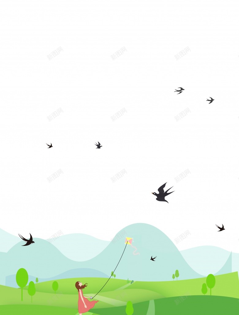 手绘绿色草地放风筝psd设计背景_88icon https://88icon.com 手绘 绿色 草地 放风筝