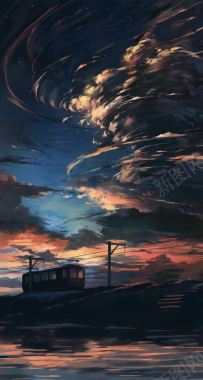 黑夜电车龙卷风动漫海报背景背景