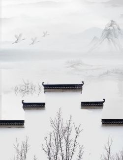 传统古建筑中国风江南水墨山水画高清图片