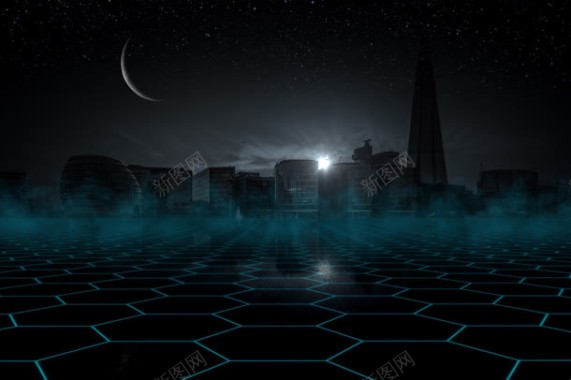 黑夜城市月亮网格科技背景