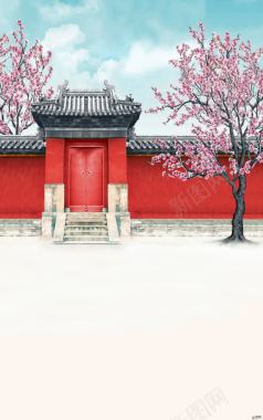 中国风红院桃花风景背景