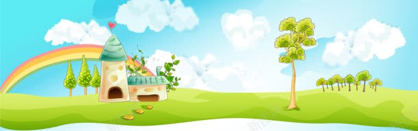 卡通背景jpg设计背景_88icon https://88icon.com 儿童玩具 卡通 婴儿用品 婴儿用品促销 小树 彩虹 白云 草坪 蓝天