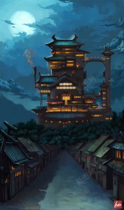 历史插画唯美古风建筑夜景插画高清图片