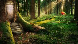 魔幻森林阳光下的绿色魔幻森林高清图片