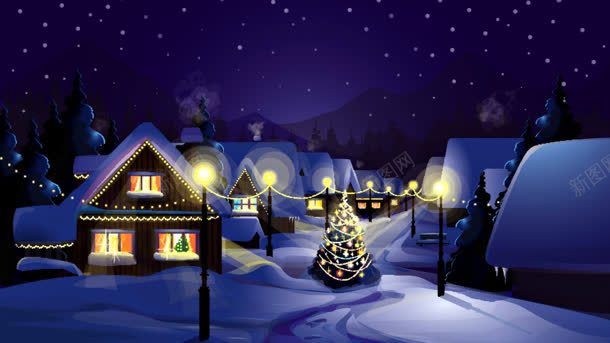 晰圣诞小屋与彩灯壁纸背景