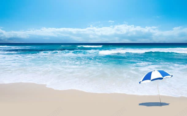 碧海蓝天的沙滩大海jpg设计背景_88icon https://88icon.com 浩瀚 大海 沙滩 蓝白遮阳伞 碧海 蓝天 白云朵朵