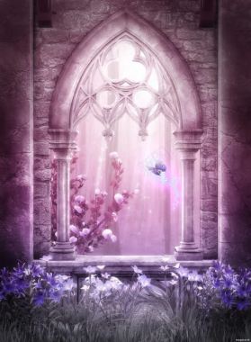 紫色梦幻城堡窗户欧式蝴蝶海报背景背景