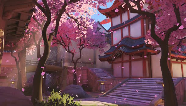 日式房屋粉色樱花背景