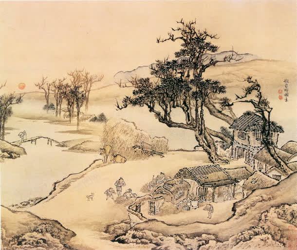 中国画山中错落古画jpg设计背景_88icon https://88icon.com 中国画 古画 山水画 树木 村居 水面 群山 错落