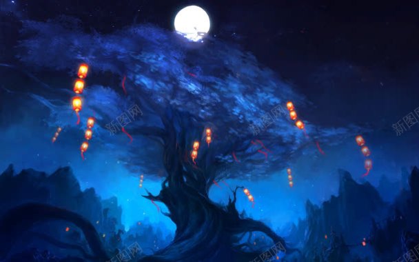 夜空月下大树灯笼海报背景背景