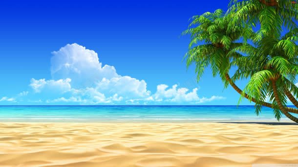 蓝天白云沙滩椰树背景