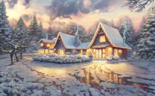 小屋灯火透明雪景冬天寒冷背景