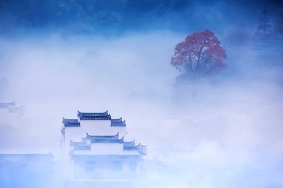 白色浓雾古典房屋海报背景背景