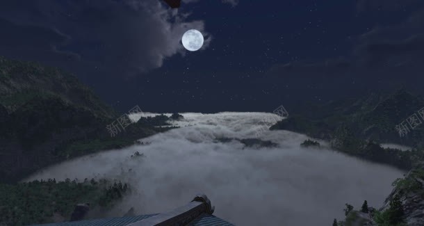 蓝天下月亮云层山峰背景