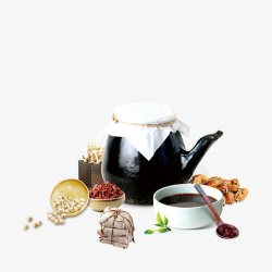 白色勺子叉子黑色茶壶药膳药材装饰高清图片