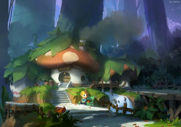 手绘卡通蘑菇屋场景jpg设计背景_88icon https://88icon.com 卡通 场景 蘑菇