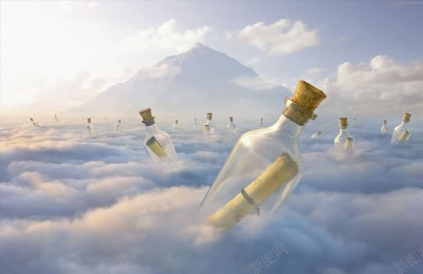 蓝色云中的漂流瓶jpg设计背景_88icon https://88icon.com 漂流 蓝色