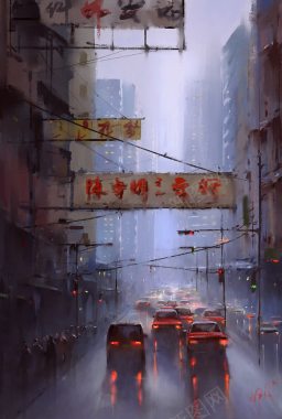 手绘香港街道插画背景