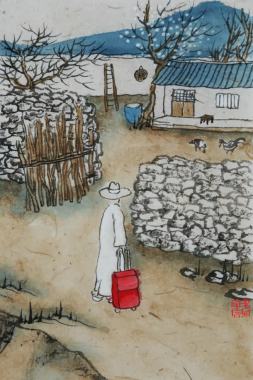 中国风农村庭院水墨画海报背景背景