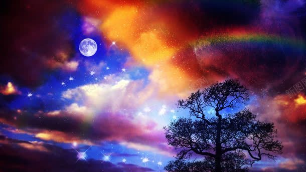 彩色星云月下大树背景