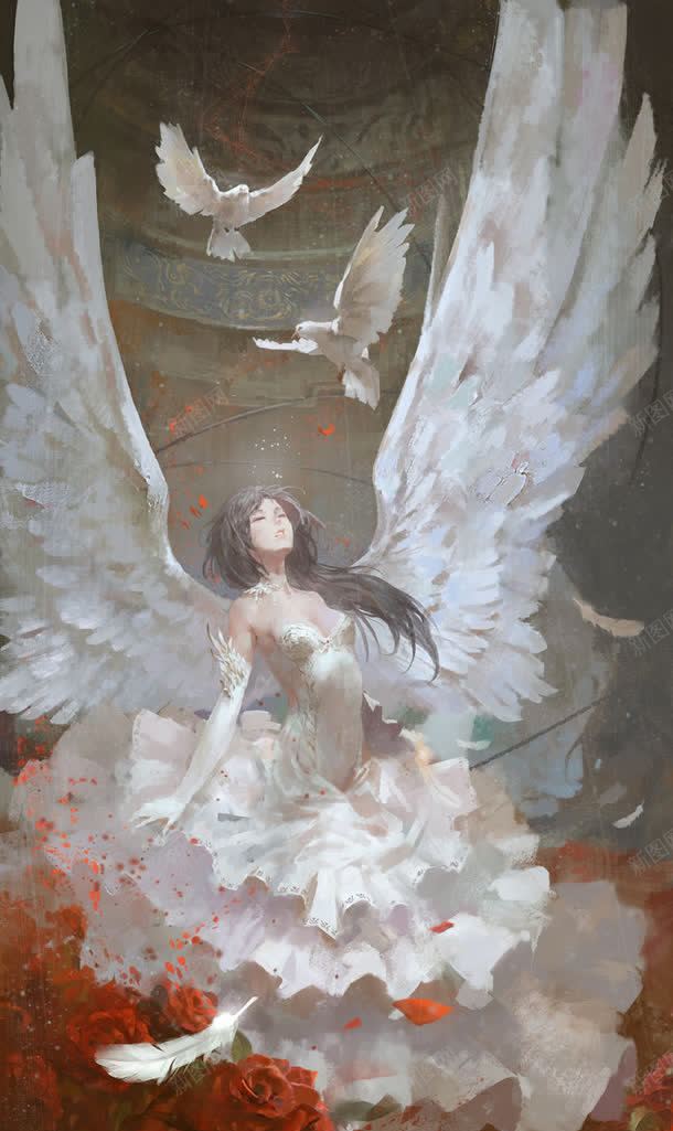 彩绘风格挥着翅膀的女孩飞舞的白鸽jpg设计背景_88icon https://88icon.com 女孩 彩绘 白鸽 翅膀 风格 飞舞