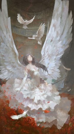 女孩彩绘彩绘风格挥着翅膀的女孩飞舞的白鸽高清图片