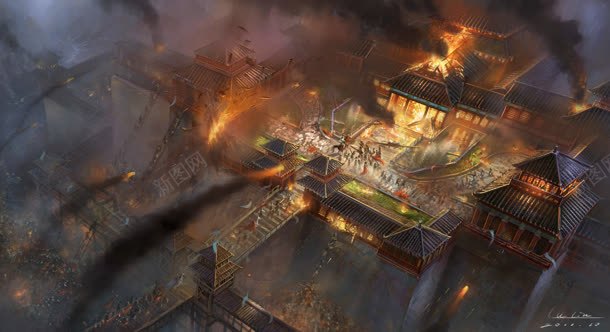火势汹汹游戏场景彩绘场景阁楼背景