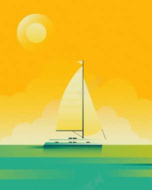 黄色手绘太阳小船背景