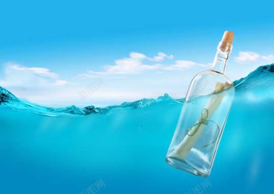 蓝色海洋玻璃漂流瓶背景