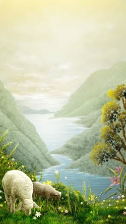 树木装饰画山川河流与动物油画高清图片