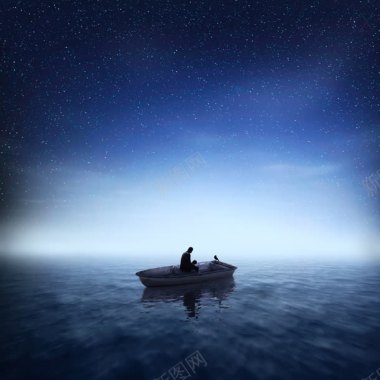 蓝色湖面星空下的小船背景