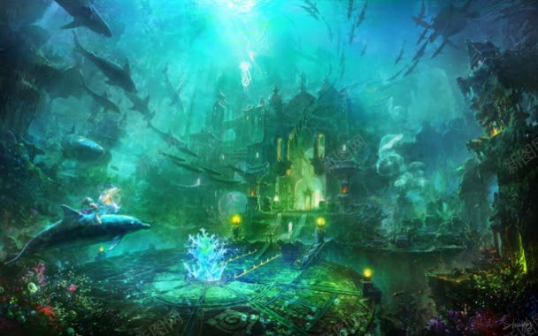 魔幻绿色海底宫殿海报背景背景