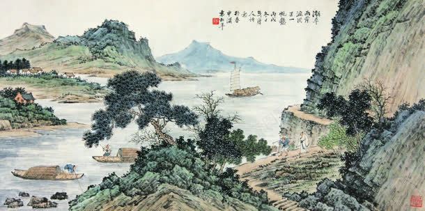 中国风中国画山下河流背景