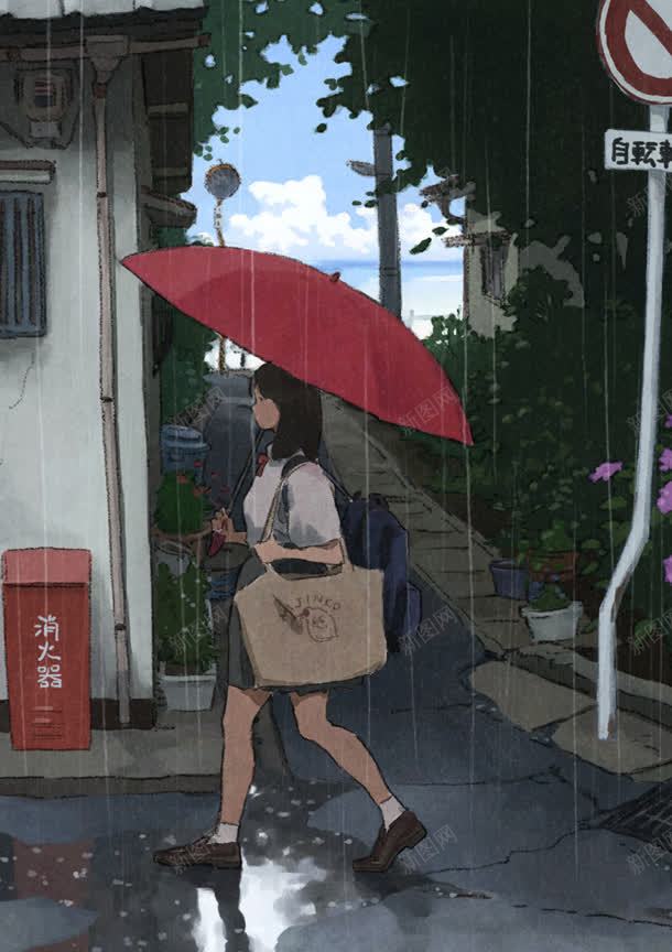 手绘日本女孩下雨jpg设计背景_88icon https://88icon.com 下雨 女孩 日本