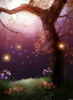 月下大树上的灯梦幻海报背景背景