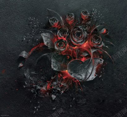 燃烧的黑色玫瑰灰烬背景